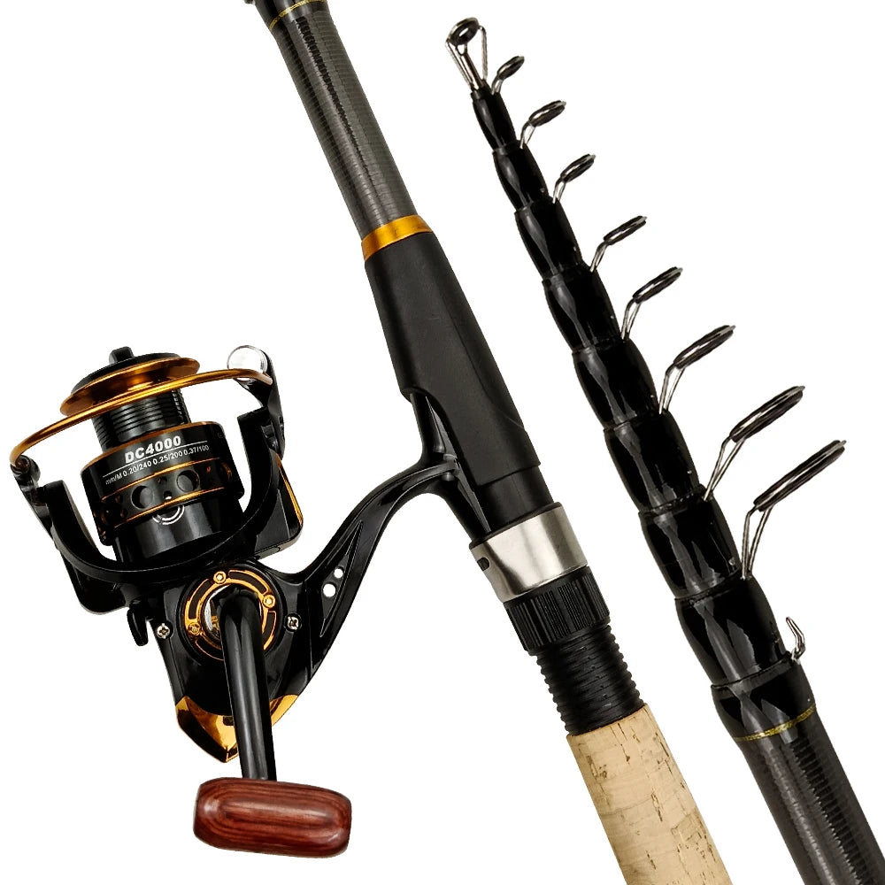 Fishing rod and reel combination: Carbon fiber, Telescopic, Max Tracti
